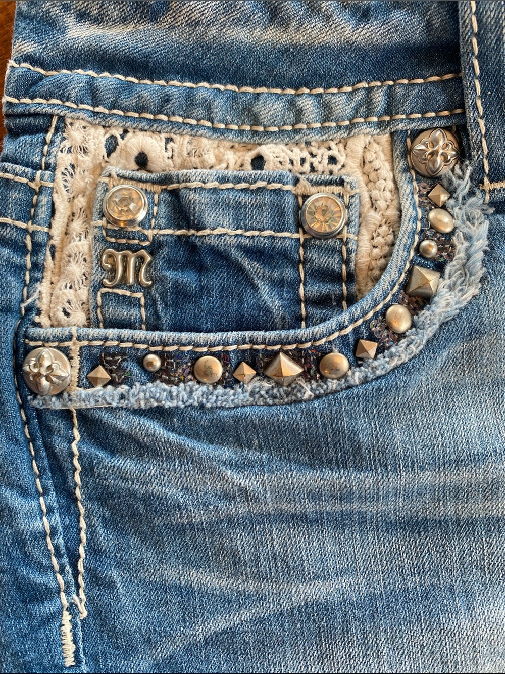 Miss Me Blue Denim Crochet-Trim Shorts - Picture 4 of 13